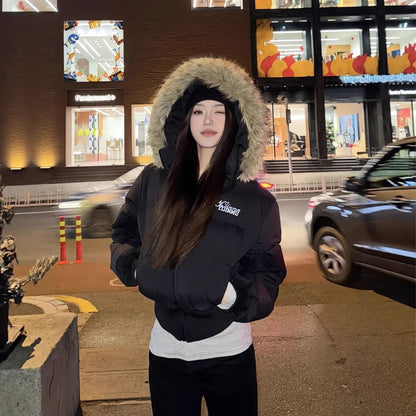 American Winter Short Faux Fur Collar Padded Coat For Women