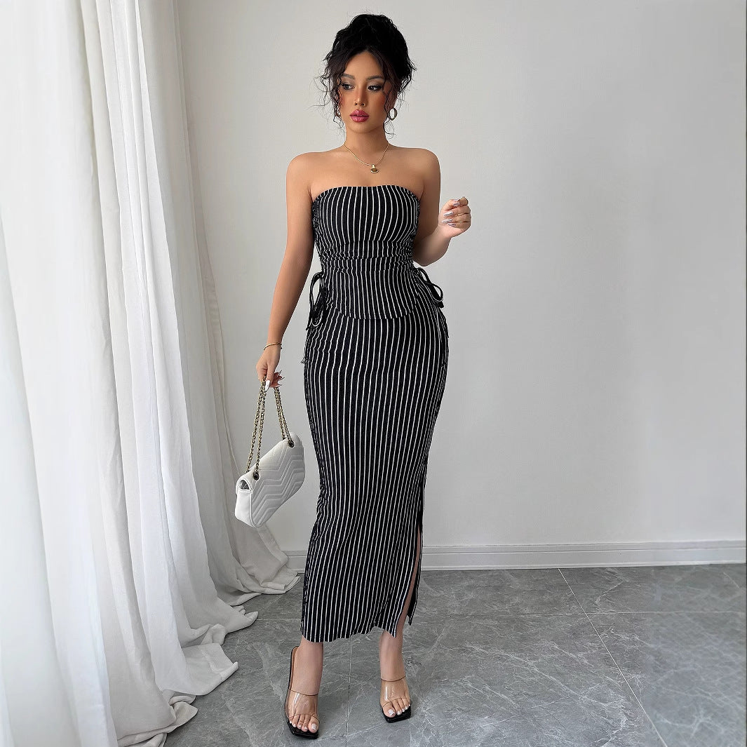 Women's Casual Striped Strapless Tube Top And Sheath Skirt Set