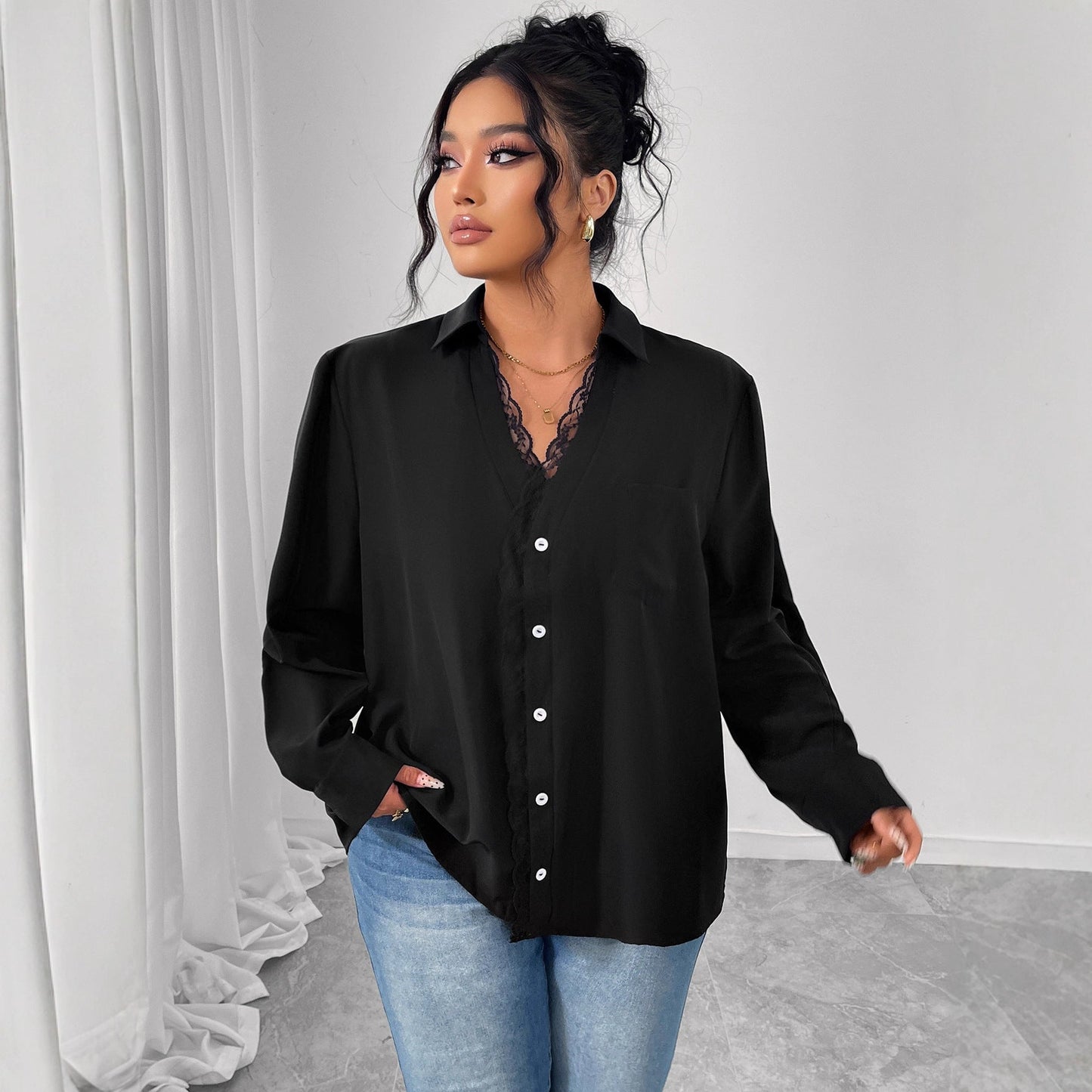 French Style Black Lace Shirt With Black Buttons