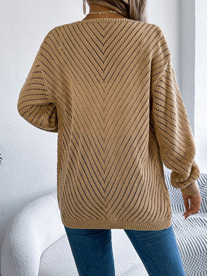 Women Casual Solid Color Hollow Out Long Sleeve Cardigan Sweater