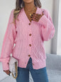Women Casual V-Neck Lantern Sleeve Cable Knit Button Cardigan Sweater
