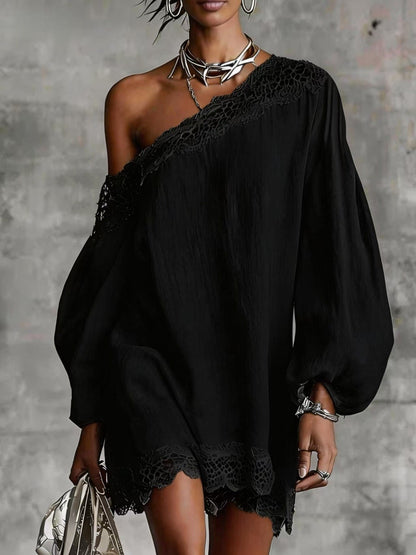 Solid-color Lace-trimmed Casual Off-shoulder Long-sleeve Top
