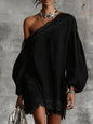 Solid-color Lace-trimmed Casual Off-shoulder Long-sleeve Top
