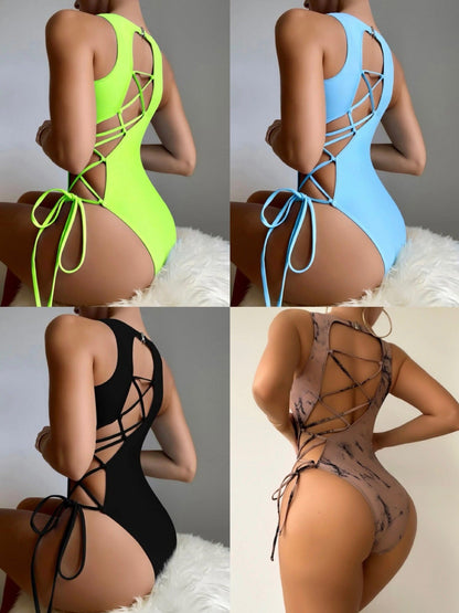 Sexy Back Cutout Tie One Piece Swimsuit Bikini