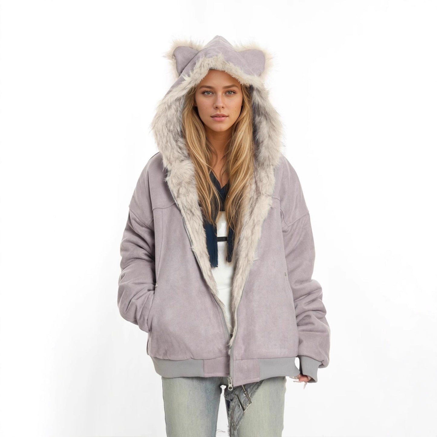 Winter Coat With A Fur Collar Made From Faux Suede For Warmth