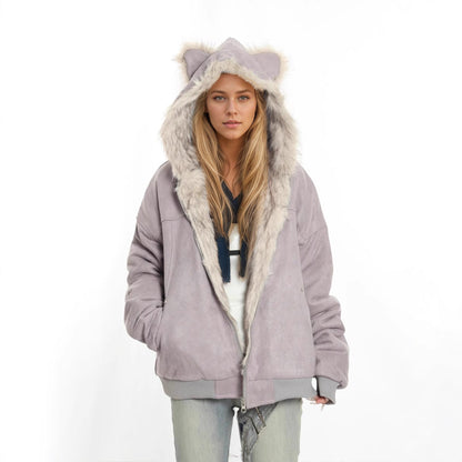 Winter Coat With A Fur Collar Made From Faux Suede For Warmth