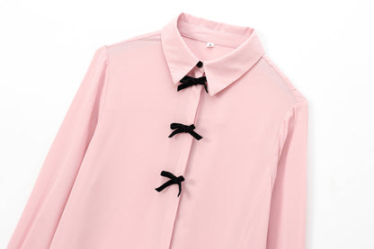 Autumn Beauty Outfit Velvet Bow Decorated Shirt