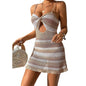 Women Knitted Spaghetti Strap Dress Summer Stripes Twisted Crochet Cutout Party Mini Dress For Beach Cocktail Nightclub