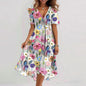 Flowers Printed V-neck Dress Summer A-line Short-sleeved Dresses For Women