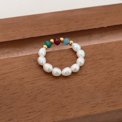 Freshwater Pearl And Agate Beaded Stretchy Cord Ring
