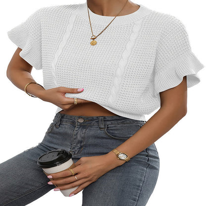 Twisted String Ruffled Short Sleeves Round Neck Knitted Pullover Knitted Sweater