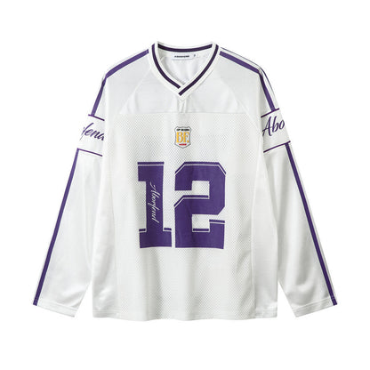Digital Printed Long-sleeved T-shirt Jersey Contrast Color V-neck Top