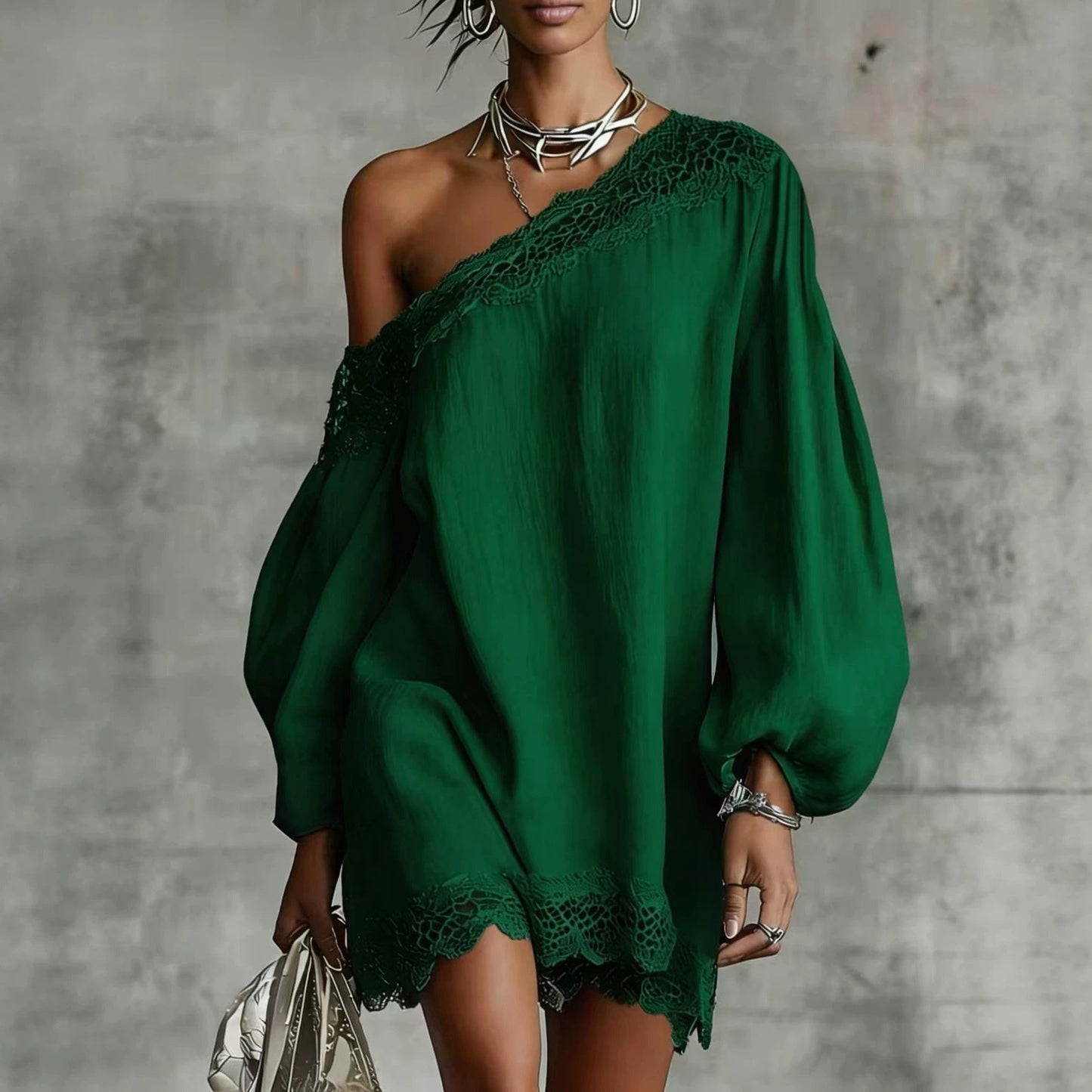 Solid-color Lace-trimmed Casual Off-shoulder Long-sleeve Top