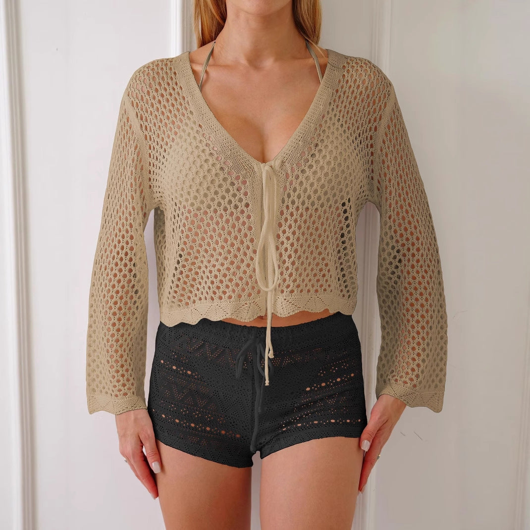 Cotton-like Women's Cardigan Hollow Woven Blouse