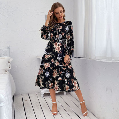 Womens Crew-neck Long-sleeve Tie-dye Printed Dress