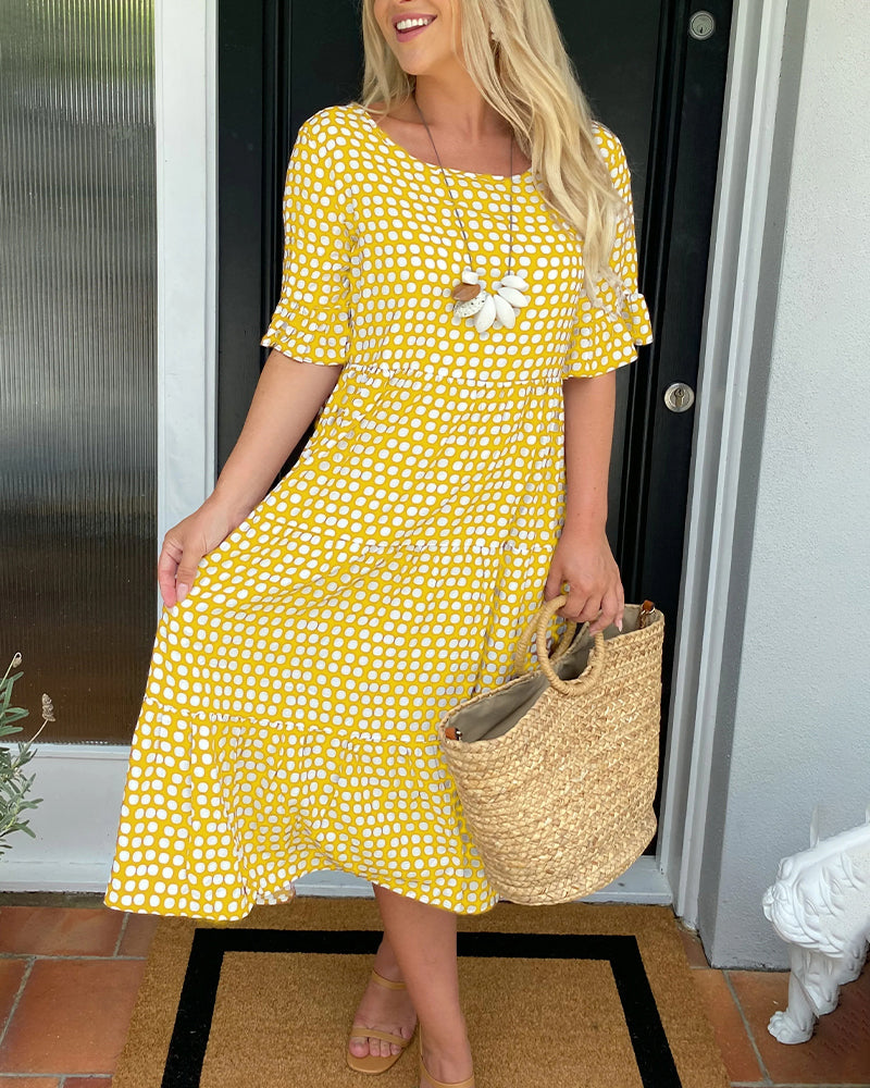 Sandra | Round Neck Polka Dot Print Midi Dress