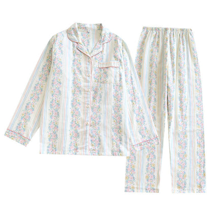 Japanese Sweet Ladies' Homewear Cotton Double-layer Gauze New Long-sleeved Trousers Two-piece Set