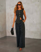 Denim Vest Suits Fashion Sleeveless Button Tops And Wide Leg Straight Pants With Pockets Women's Trousers Set