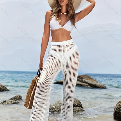 Women's Summer Beach Style Hollow-Out Wide Leg Pants Polyester Knit Trouser