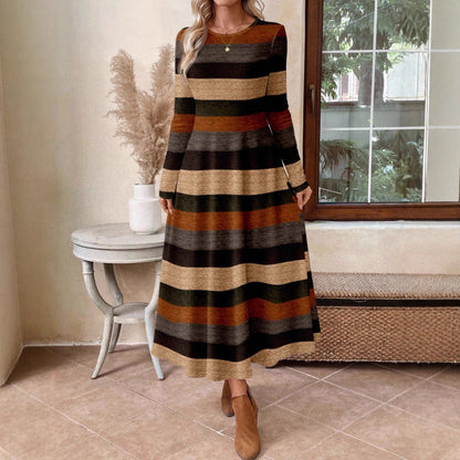 Women's Casual Crew-Neck Colorblock Striped Maxi Dress