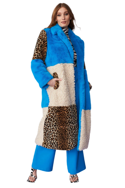 Blue Faux Fur and Faux Shearling Maxi Coat