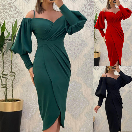 Women's Strapless Halter Neck Lantern-sleeve Waist Cinching Pleated Dress