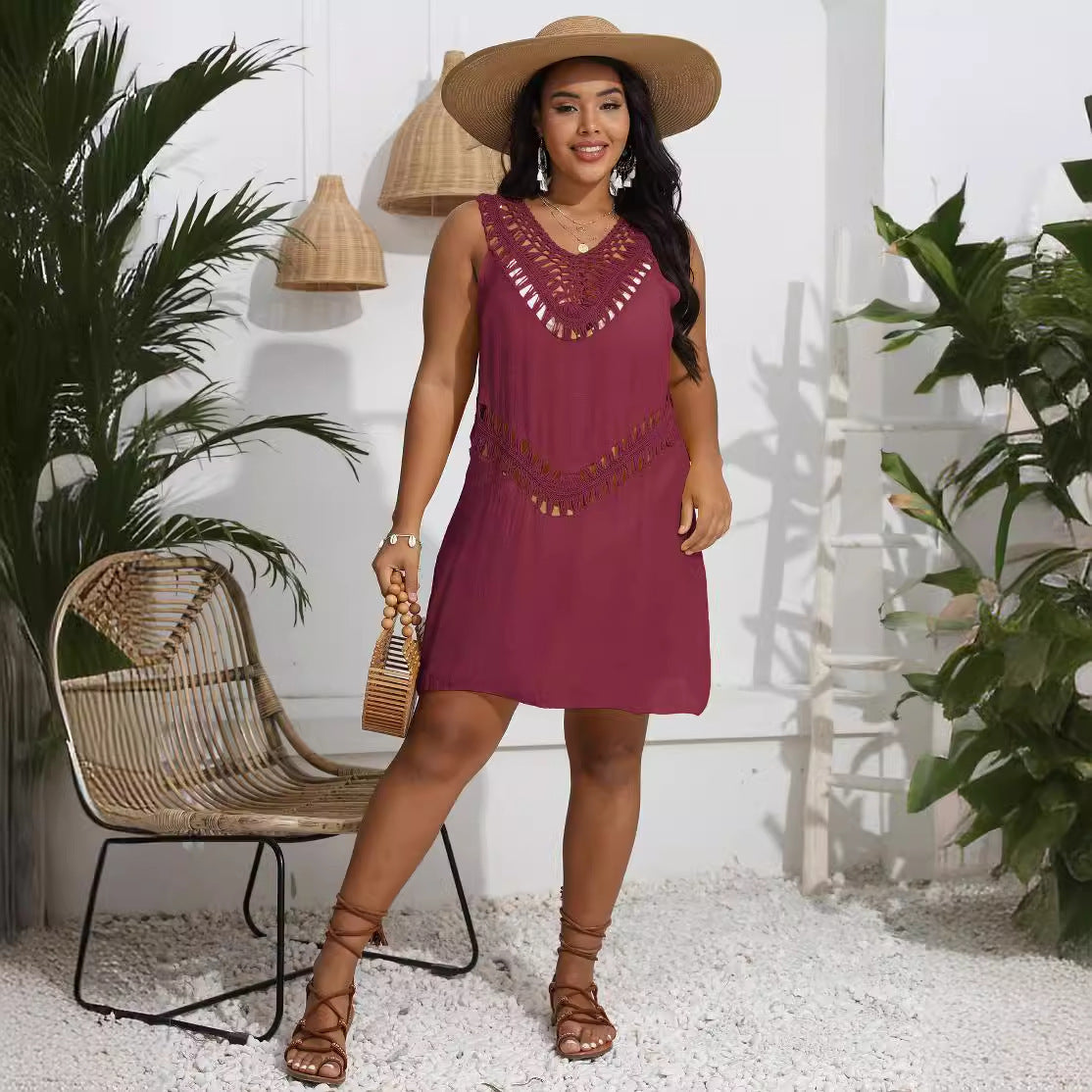 Womens Hand-Crocheted Patchwork Vest Dress Beach Bikini Cover-Up