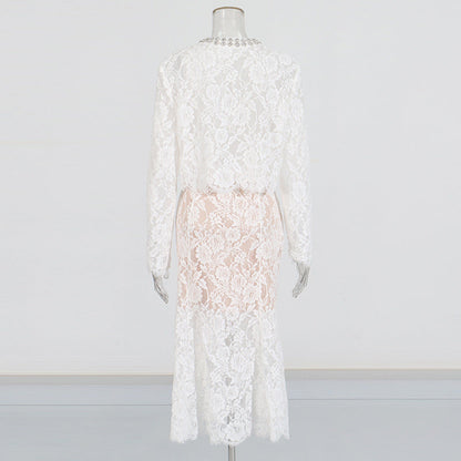 Round Neck Diamond Lace Embroidered Top High Waist Skirt Suit