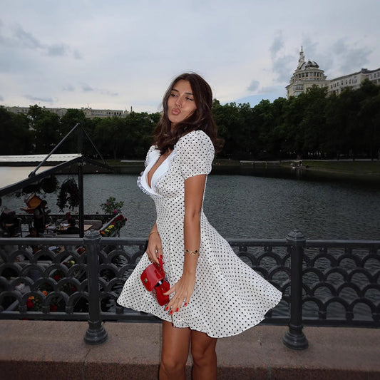 European And American-style Fashionable Women's V-neck Polka-dot Printed Dress