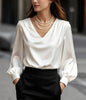 French-style Elegant And Sophisticated Satin Long-sleeve Blouse With Bubble Sleeves And A V-neck