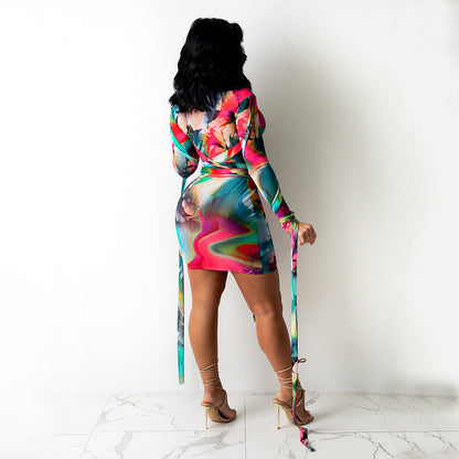 Sexy Women Mesh See-Through Printed Dress With Bandage