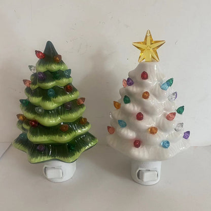 Ceramic Christmas Tree Night Lamp - Elegant Wall Plug Light in White & Green