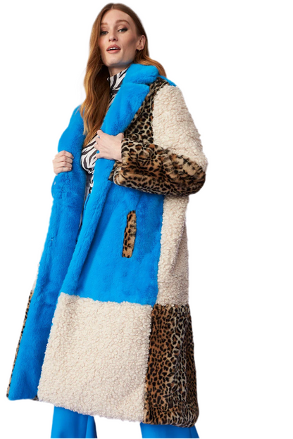 Blue Faux Fur and Faux Shearling Maxi Coat