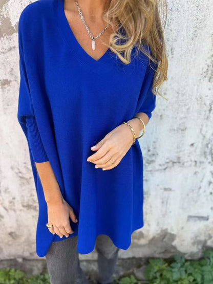 New Autumnwinter Women's Long-sleeve Knitted V-neck Loose-fitting Long Top