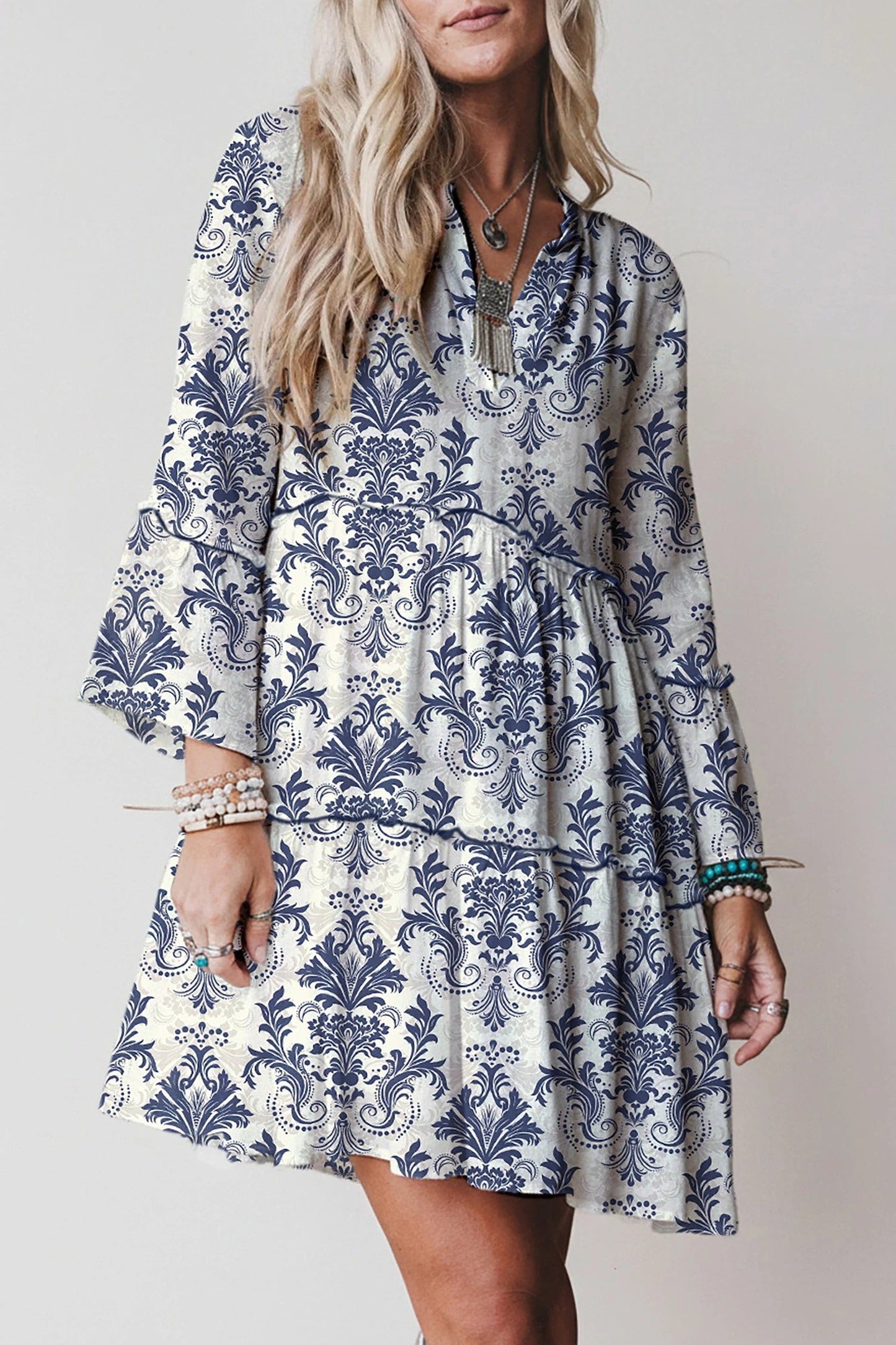 Women's V-neck Printed Ruffle Pleated Elegant Dress