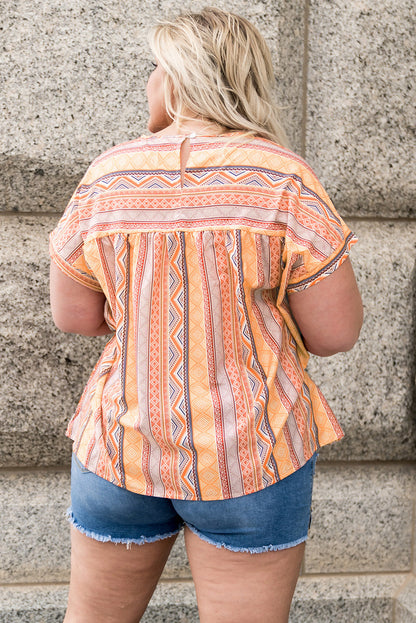 Multicolor Tribal Geometric Print Plus Size Short Sleeve Top
