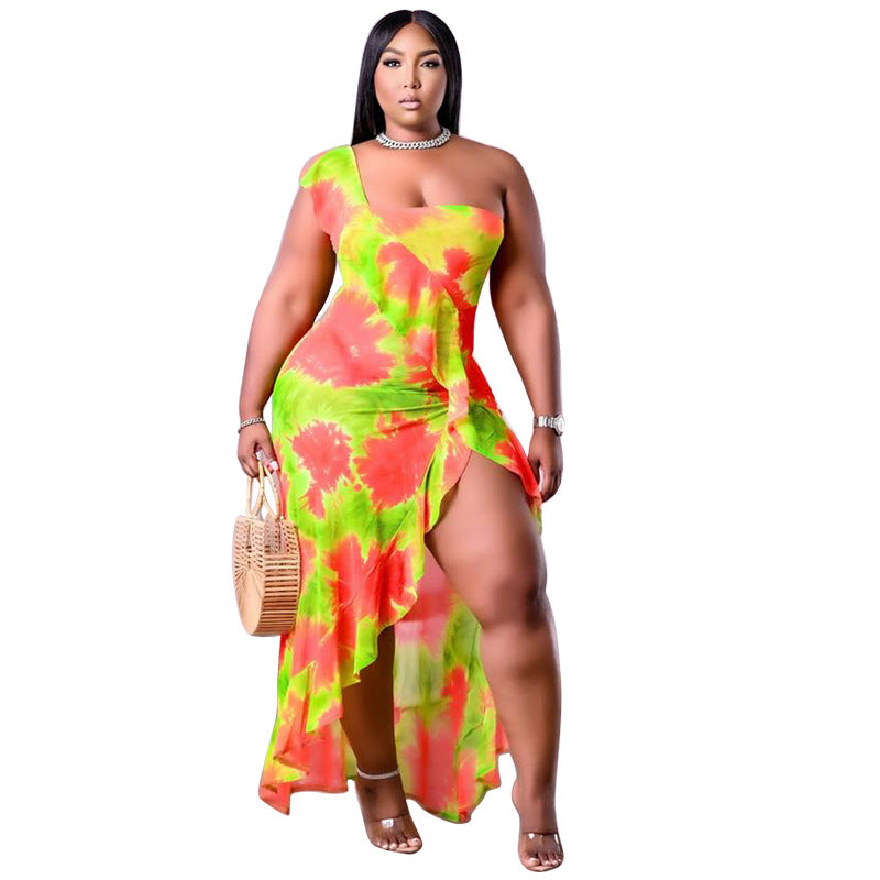 Women's Summer New Arrival One-Shoulder Irregular Printed Ruffle Hem Plus-Size Dress