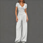2 Pieces Women's V Neck Short-sleeve Sportswear Top And Wide-leg Pants Set Casual Comfortable Outfit Set For Daily Wear Gym Sports Outfit