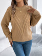 Women Casual Solid Color V-Neck Hollow Out Lantern Sleeve Pullover Sweater