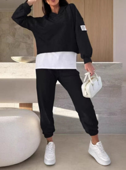 Hooded Sweatshirt Suit Loose Long Sleeve False Two-piece Tops And Jogger Sports Trousers Casual Spots Set For Women's Clothing