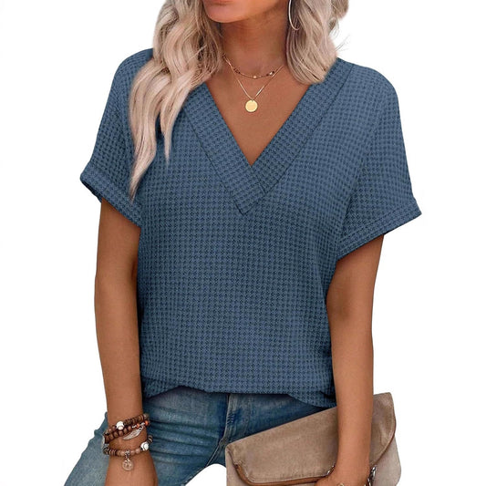 Casual Striped Textured Short-Sleeve Arrival V-Neck Knitted T-Shirt
