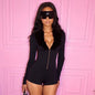 Black Faux Fur-trimmed, Figure-flattering, Long-sleeved Bodysuit