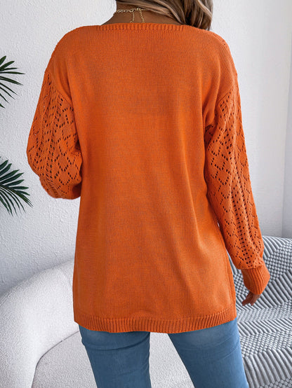 Women Hollow Out Lantern Sleeve Long Sleeve Cardigan Sweater Coat