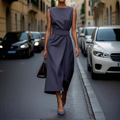 Summer Irregular Sleeveless Dress With Belt Fashion Temperament Slim Back Zipper Dresses For Women Clothing