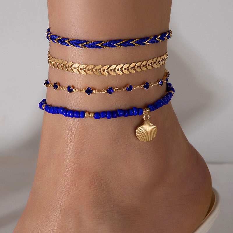 4pcs Set Bohemian Woven Rope Foot Chain For Men And Women Geometric Alloy Black Beads Dropping Oil Anklet Set Summer Fashion Jewellery