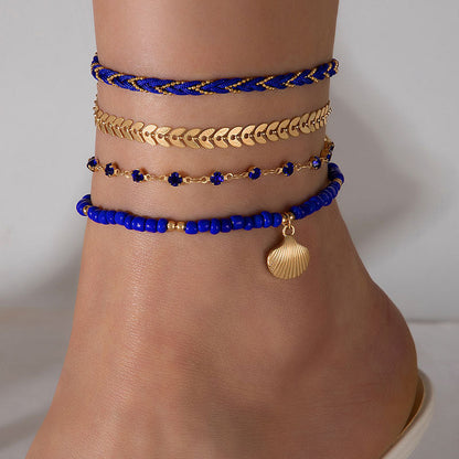 4pcs Set Bohemian Woven Rope Foot Chain For Men And Women Geometric Alloy Black Beads Dropping Oil Anklet Set Summer Fashion Jewelry