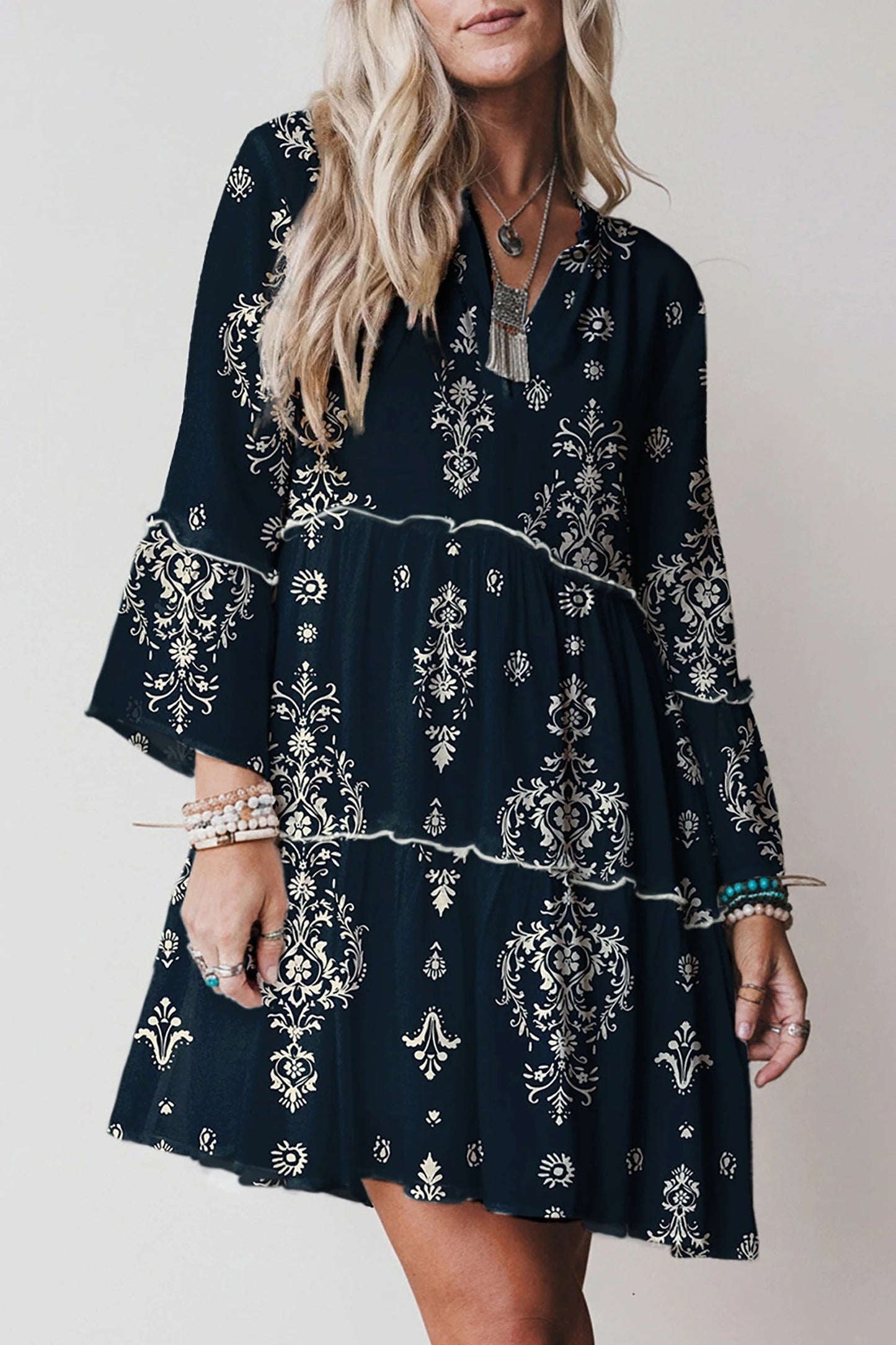 Women's V-neck Printed Ruffle Pleated Elegant Dress