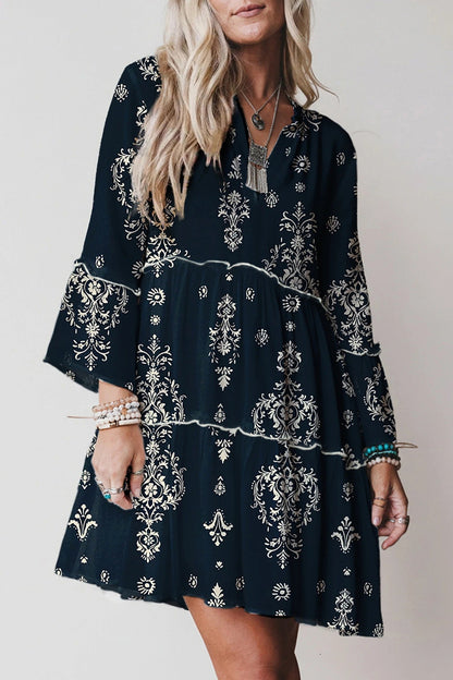 Women's V-neck Printed Ruffle Pleated Elegant Dress