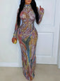 Fashionable And Sexy High-neck, Waist-cinching, Slimming, Hip-hugging, 3D Printed Niche Design Long Dress With Long Sleeves For Women.