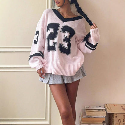 Contrast Color Digital Jacquard Loose-fitting V-neck Long Sleeves Sweater